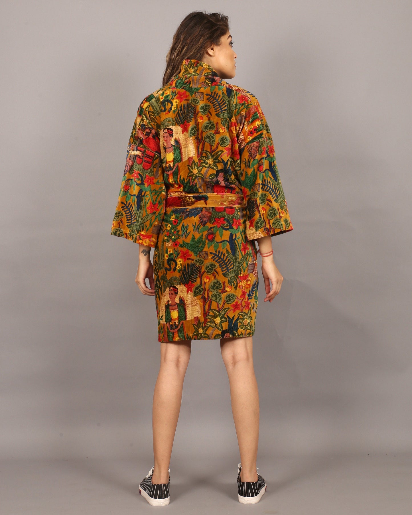 Cotton Velvet Short Kimono /Robe/Lounge Wear- Frida Kahlo Yellow