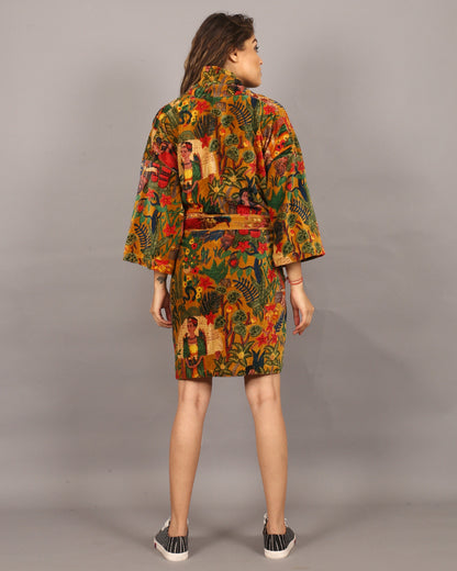 Cotton Velvet Short Kimono /Robe/Lounge Wear- Frida Kahlo Yellow