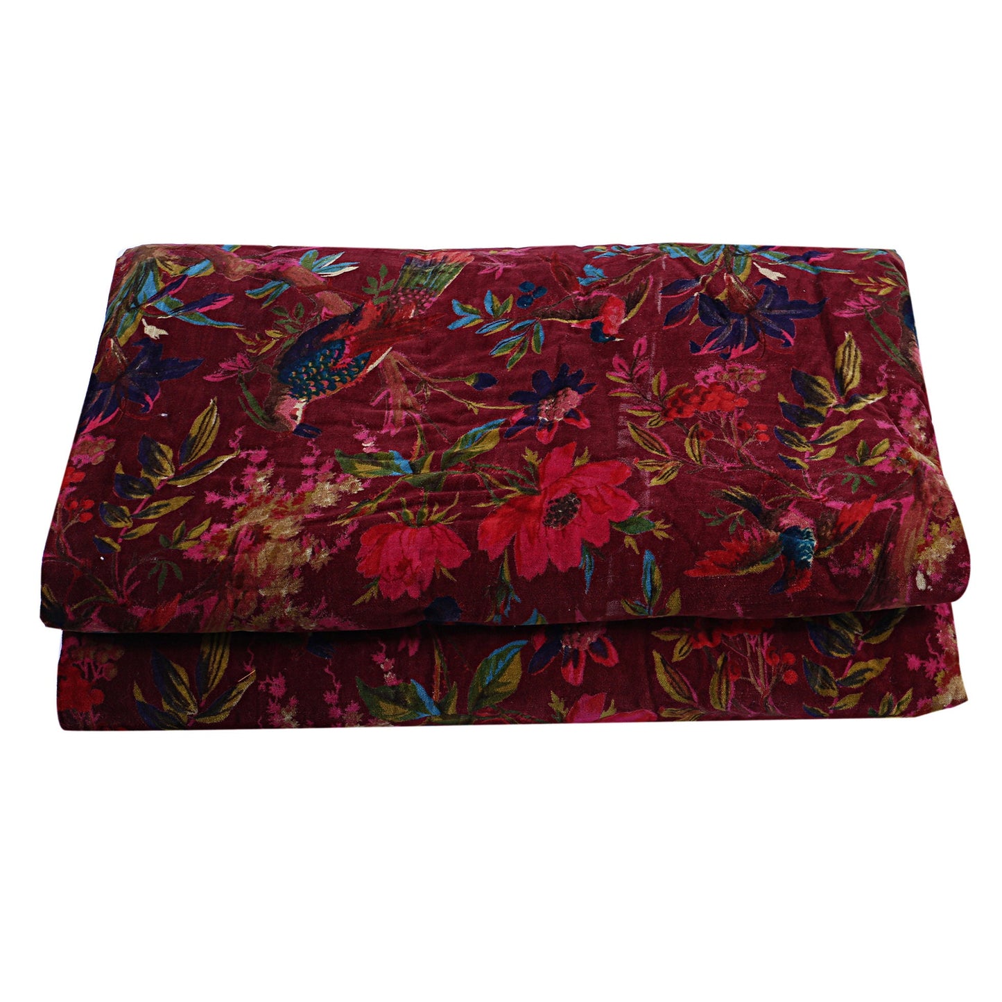 Birds of paradise maroon 250 GSM Velvet Quilt with pillow covers