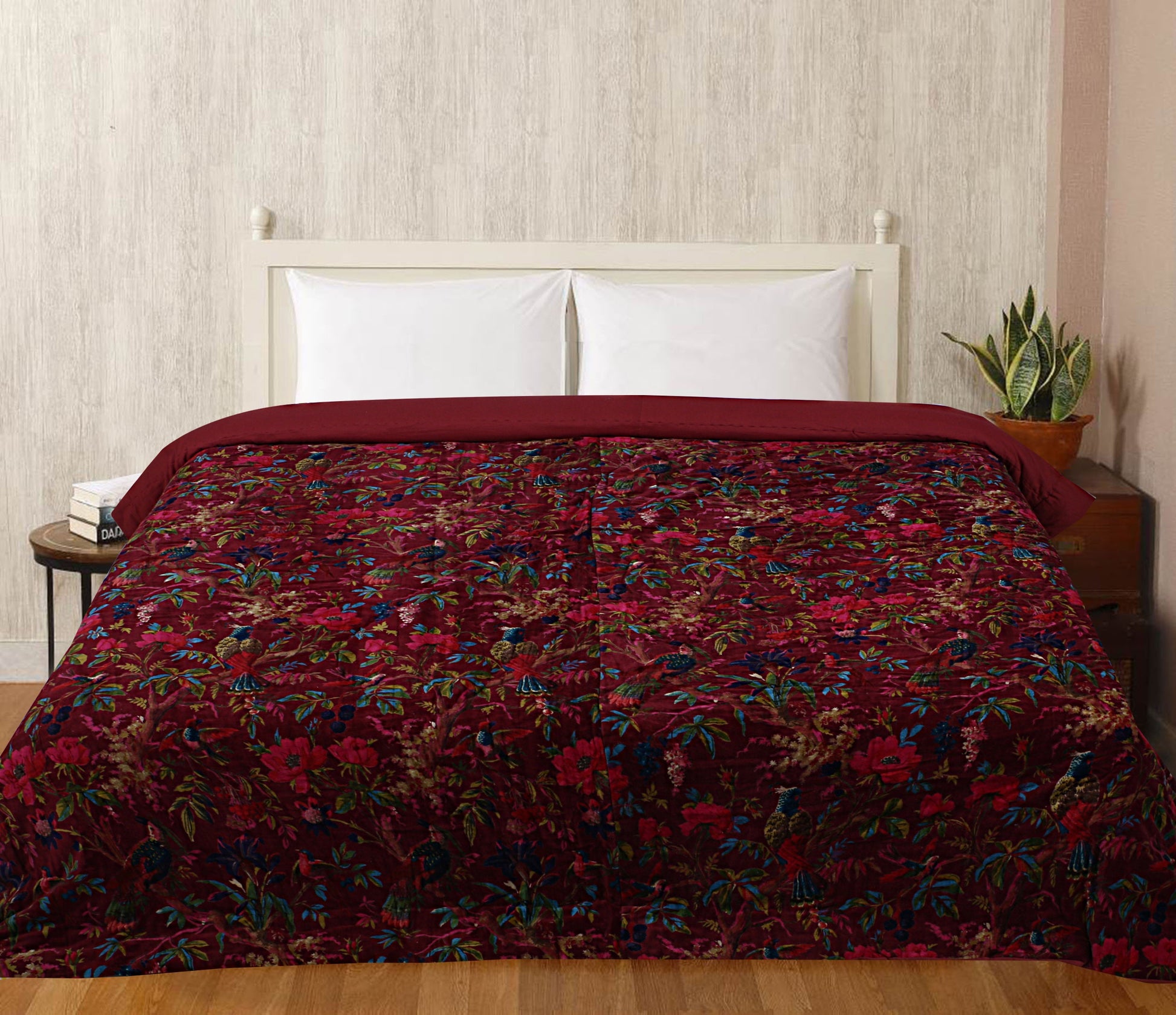 Birds of paradise maroon 250 GSM Velvet Quilt with pillow covers