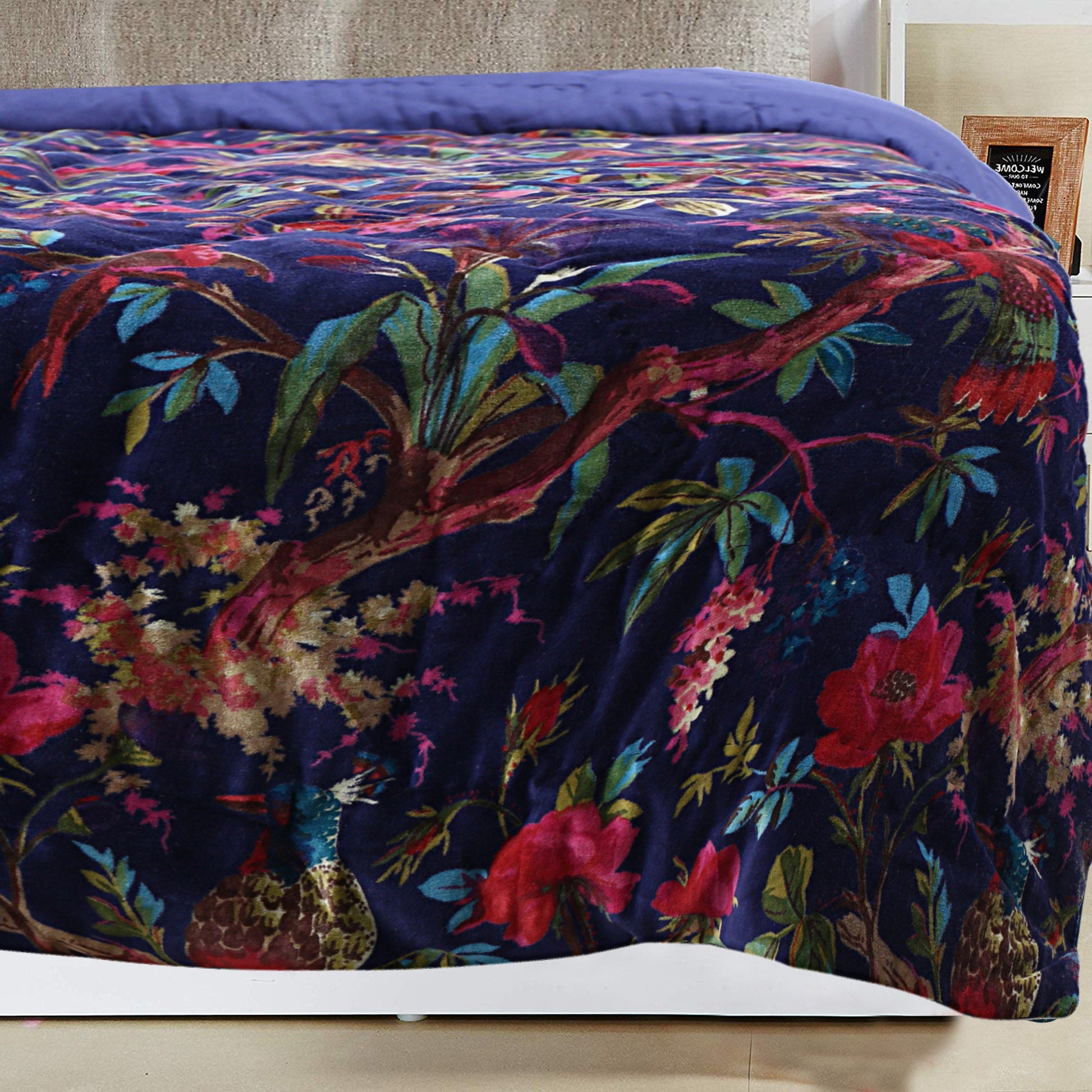 Birds of paradise Blue 250 GSM Velvet Quilt with pillow covers