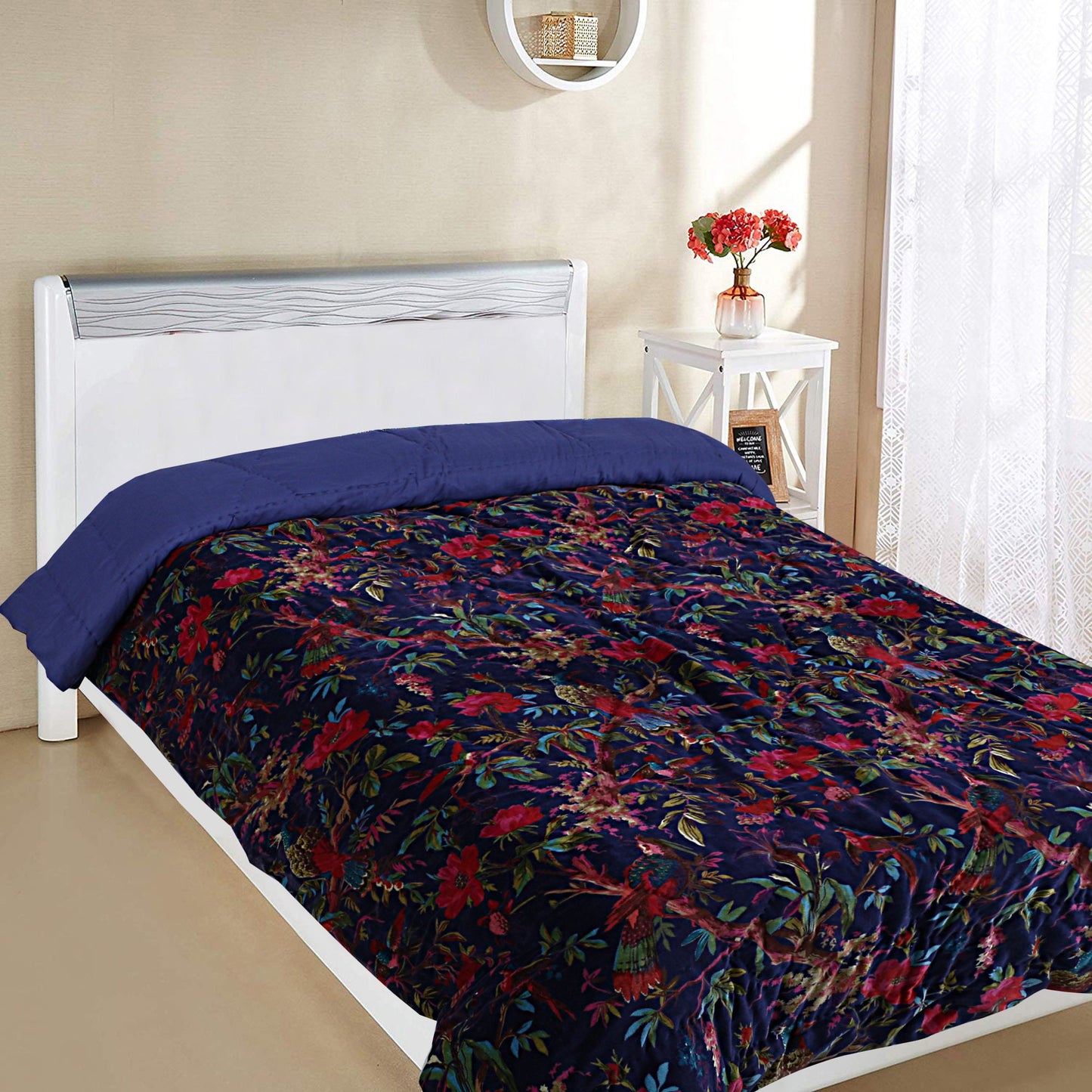 Birds of paradise Blue 250 GSM Velvet Quilt with pillow covers