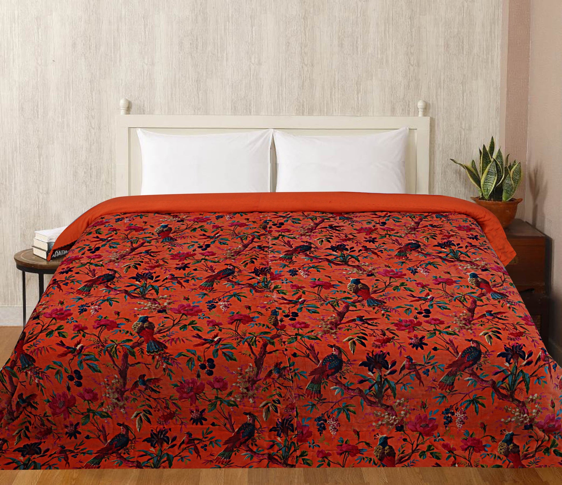 Birds of paradise orange 250 GSM Velvet Quilt