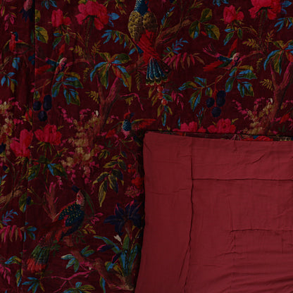 Birds of paradise maroon 250 GSM Velvet Quilt with pillow covers