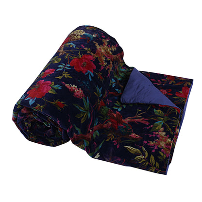 Birds of paradise Blue 250 GSM Velvet Quilt with pillow covers