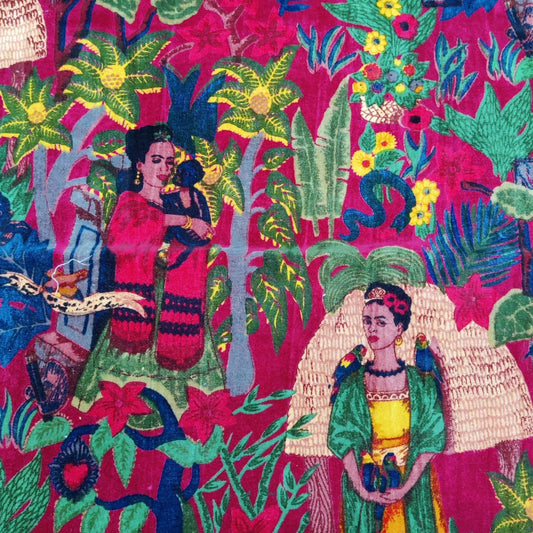 Velvet fabric Frida Kahlo for upholstery-Red - The Teal Thread