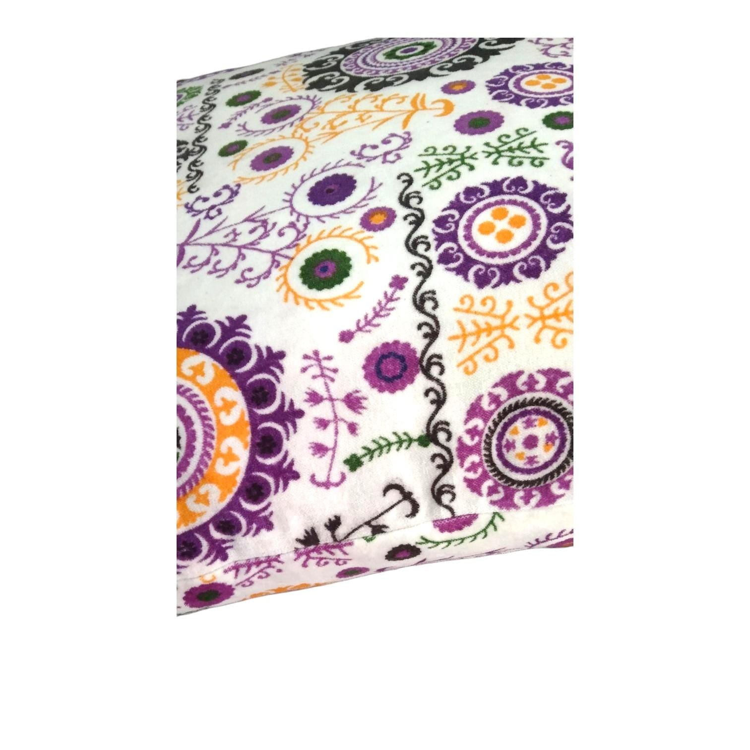 Decorative Throw Pillow Cover, Purple and Orange Floral Pattern, White Background, Modern Boho Style, Square Shape, for Home Decor