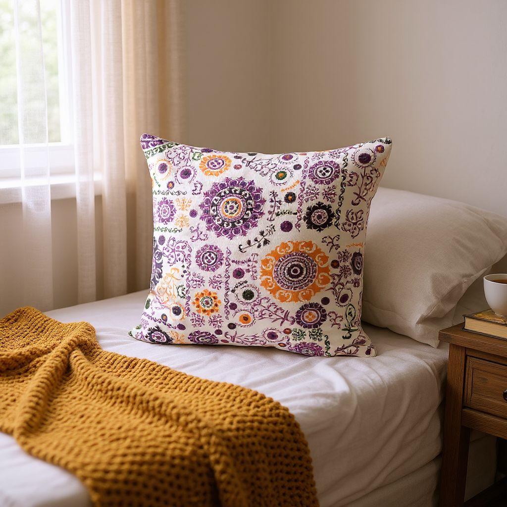 Decorative Throw Pillow Cover, Purple and Orange Floral Pattern, White Background, Modern Boho Style, Square Shape, for Home Decor