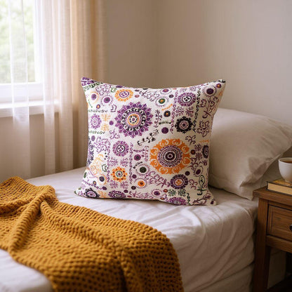 Decorative Throw Pillow Cover, Purple and Orange Floral Pattern, White Background, Modern Boho Style, Square Shape, for Home Decor