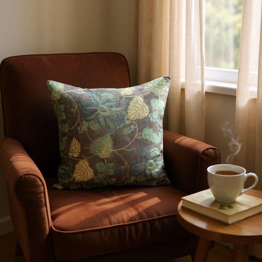 Cotton velvet 18x18 inches printed cushion cover - brown floral