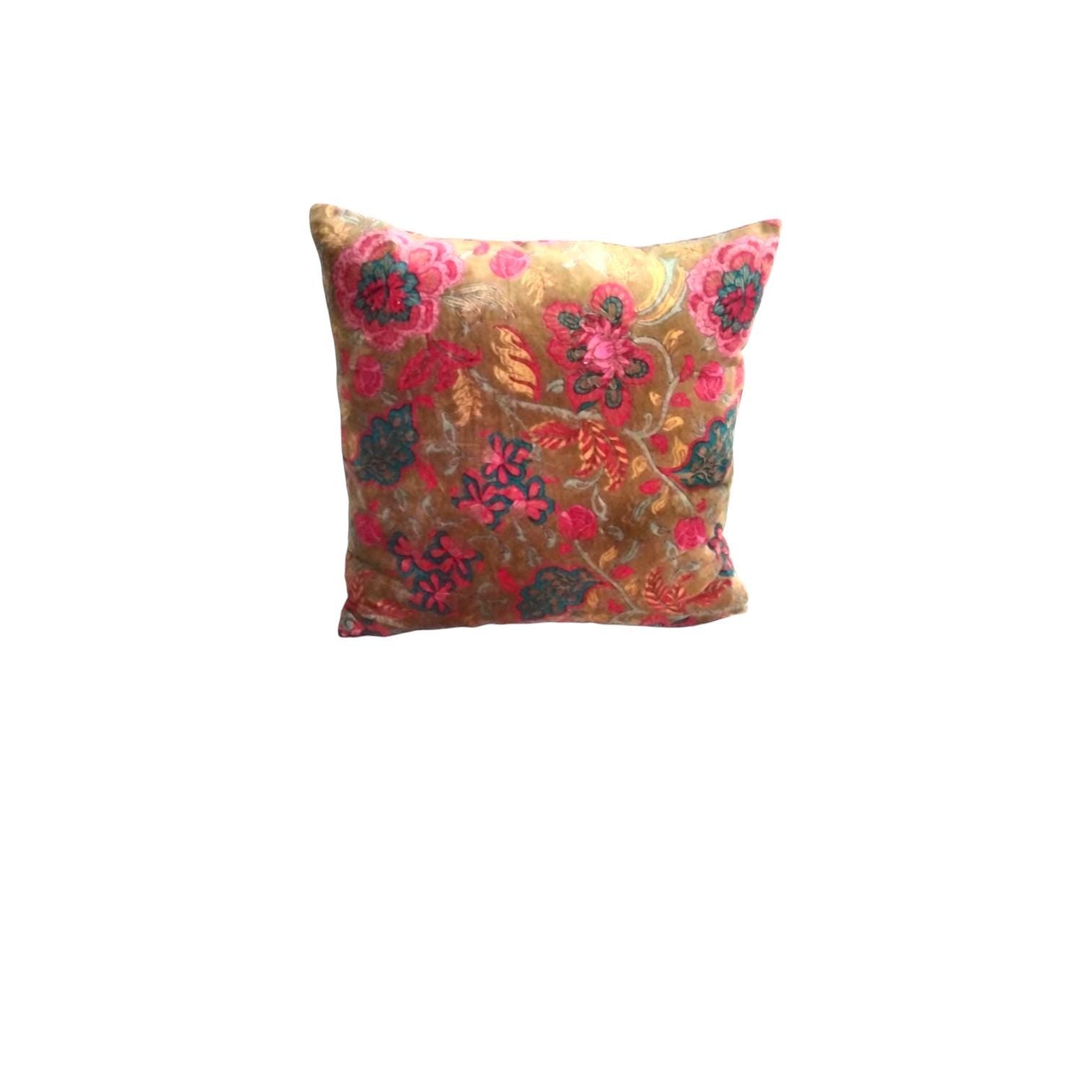 Cotton velvet 18x18 inches printed cushion cover - Golden floral