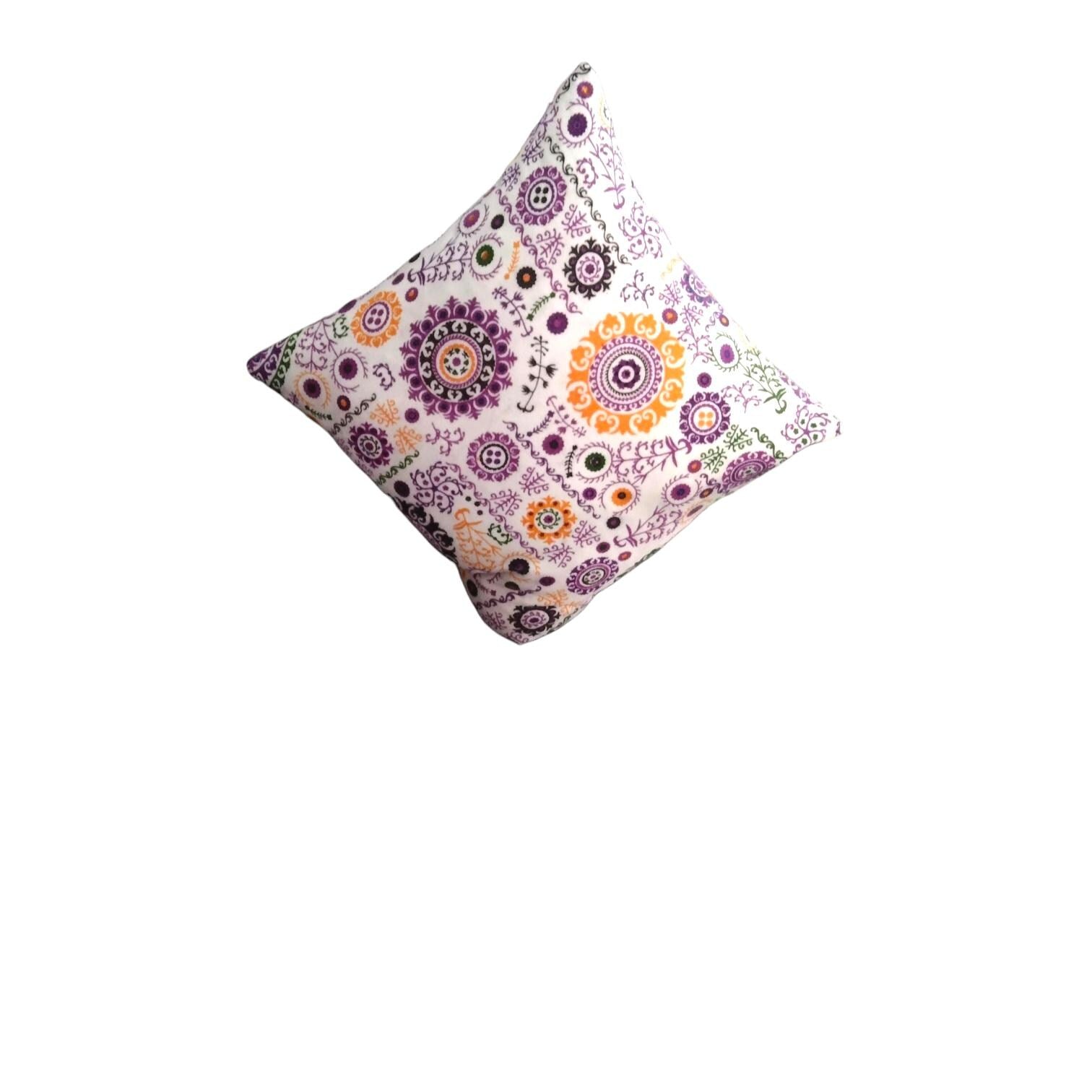Decorative Throw Pillow Cover, Purple and Orange Floral Pattern, White Background, Modern Boho Style, Square Shape, for Home Decor