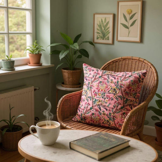 Decorative Floral Throw Pillow Cover, Pink with Botanical Print, Cotton, Square, Indoor Home Decor for Chair, Couch