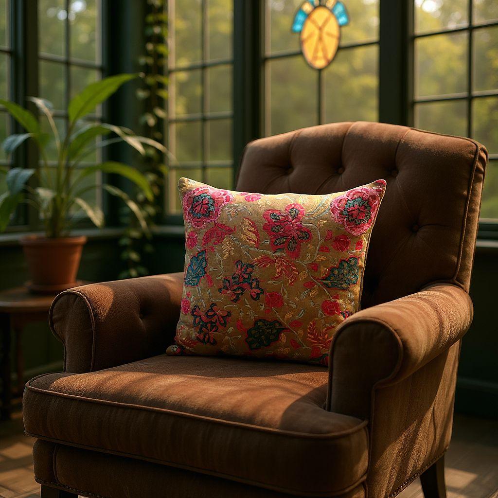 Cotton velvet 18x18 inches printed cushion cover - Golden floral