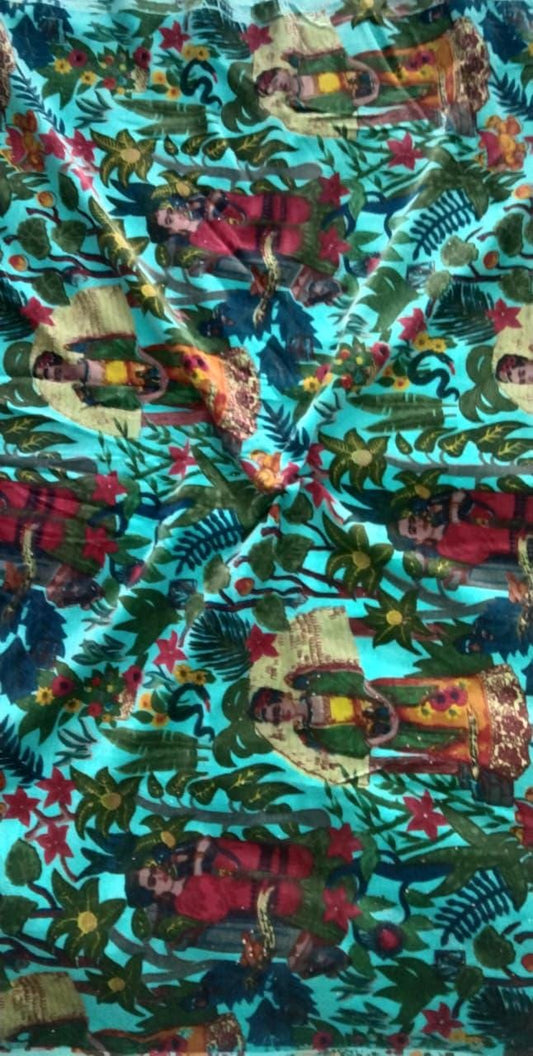 Velvet fabric Frida Kahlo for upholstery-Turquoise