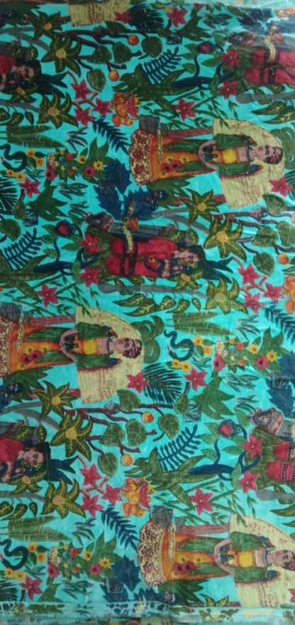 Velvet fabric Frida Kahlo for upholstery-Turquoise