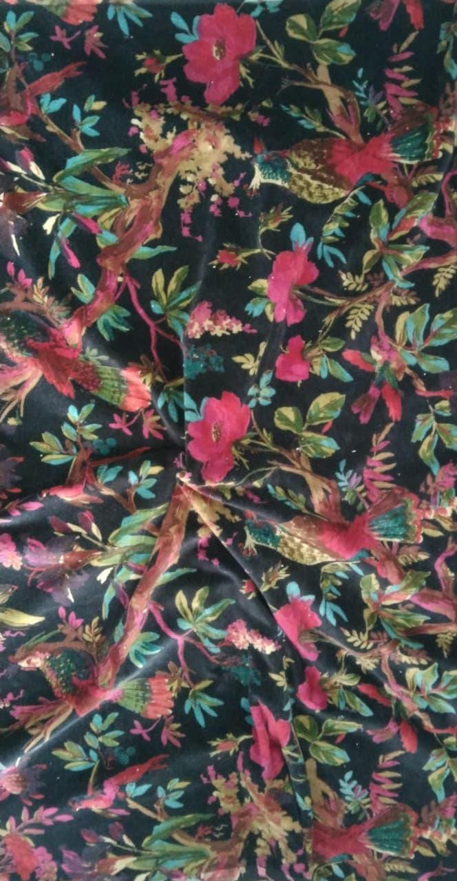 Birds of Paradise Velvet fabric for upholstery- Black