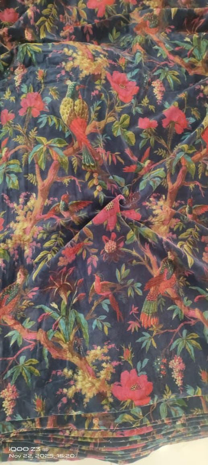 Birds of Paradise Velvet fabric for upholstery-Navy Blue