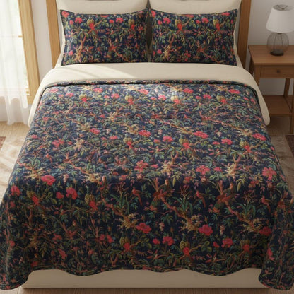 Birds of paradise Blue 250 GSM Velvet Quilt with pillow covers