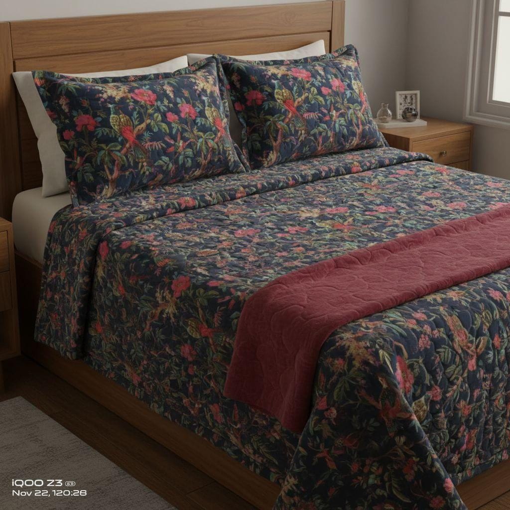 Birds of paradise Blue 250 GSM Velvet Quilt with pillow covers