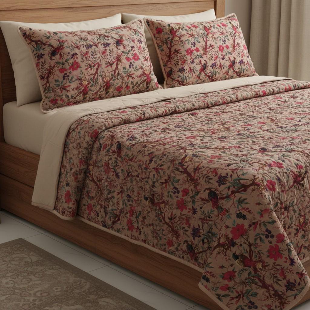 Birds of paradise Dusty Beige 250 GSM Velvet Quilt with pillow covers