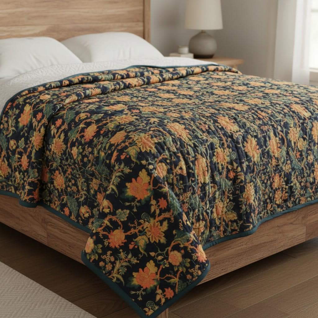 Tree of life Greenish Blue 250 GSM Velvet Quilt with pillow covers