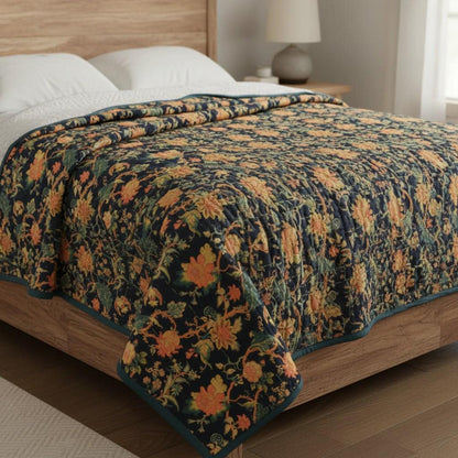 Tree of life Greenish Blue 250 GSM Velvet Quilt with pillow covers