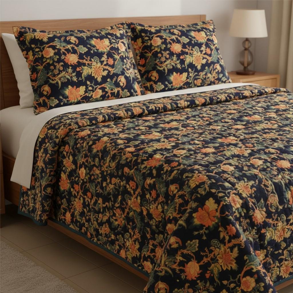 Tree of life Greenish Blue 250 GSM Velvet Quilt with pillow covers