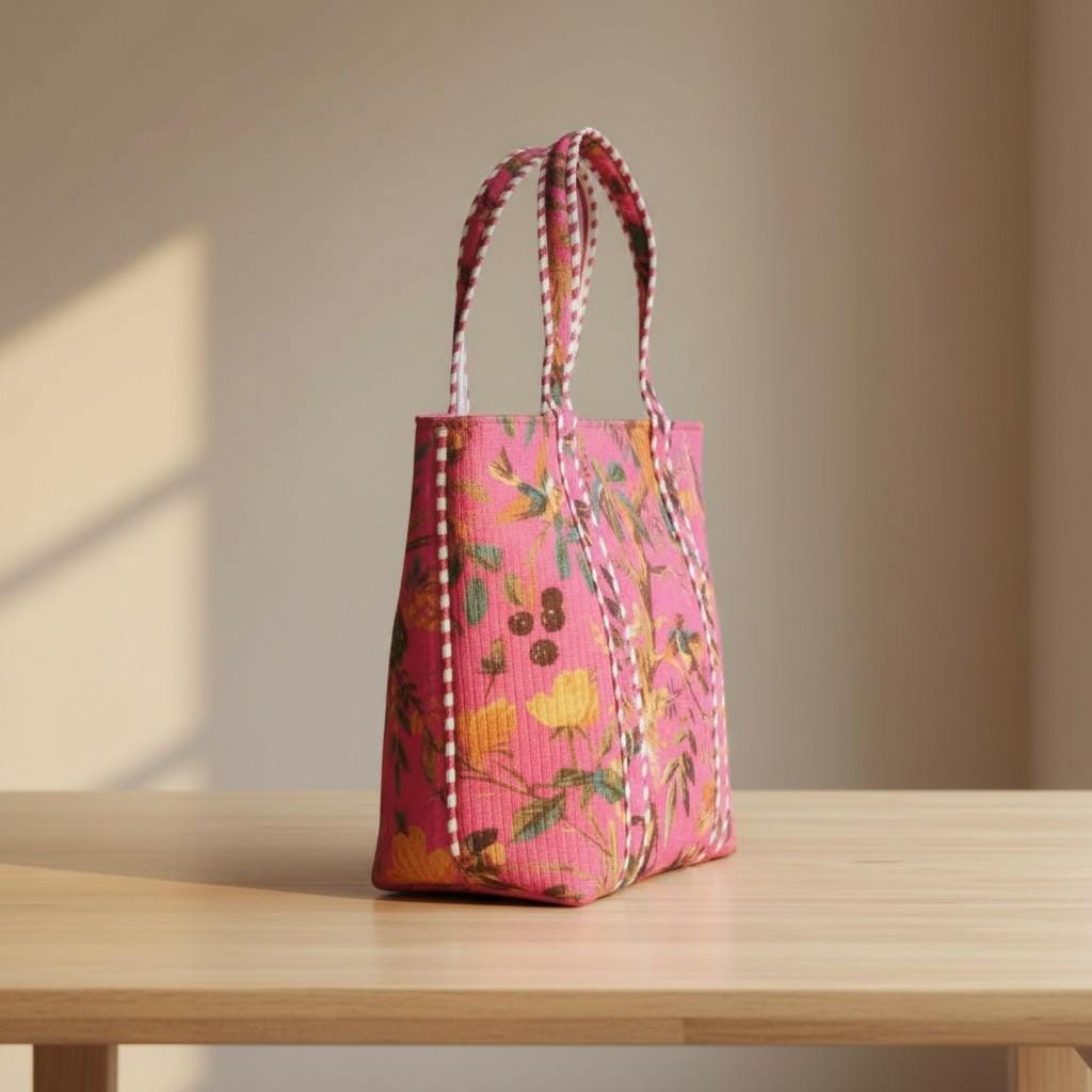 cotton velvet quilted tote bag- Birds of Paradise Pink