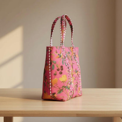 cotton velvet quilted tote bag- Birds of Paradise Pink
