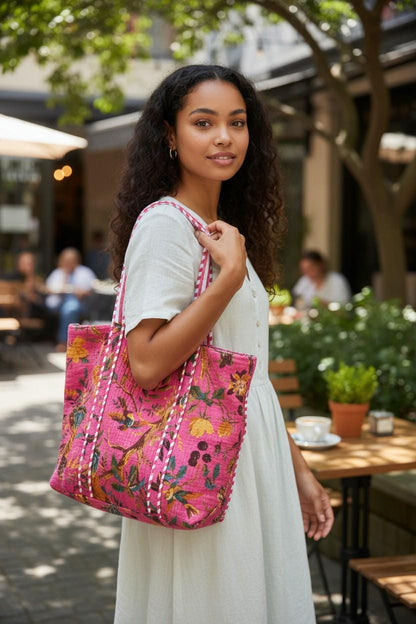 cotton velvet quilted tote bag- Birds of Paradise Pink