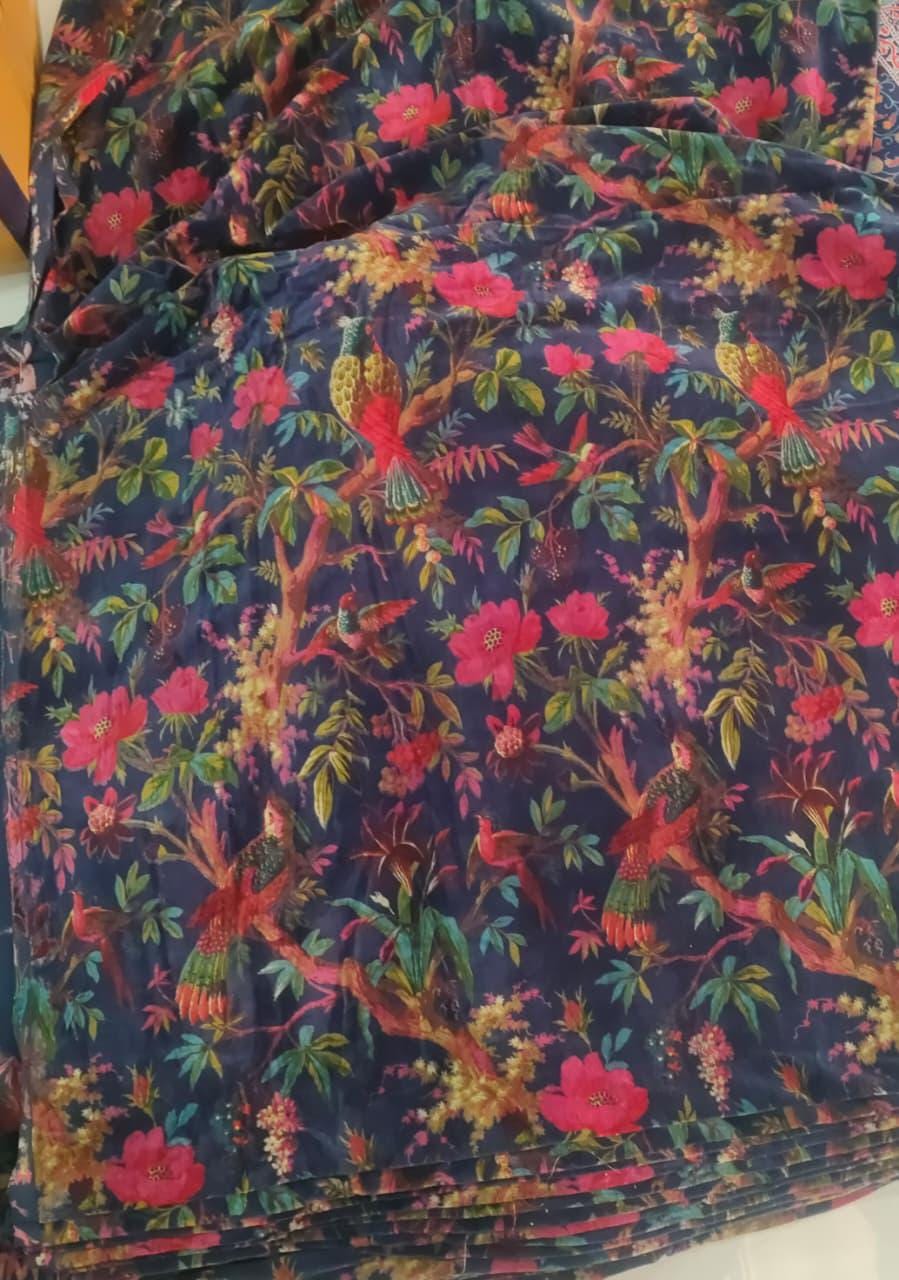 Birds of Paradise Velvet fabric for upholstery-Navy Blue