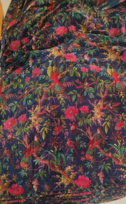 Velvet fabric for upholstery Paradise Print Navy Blue