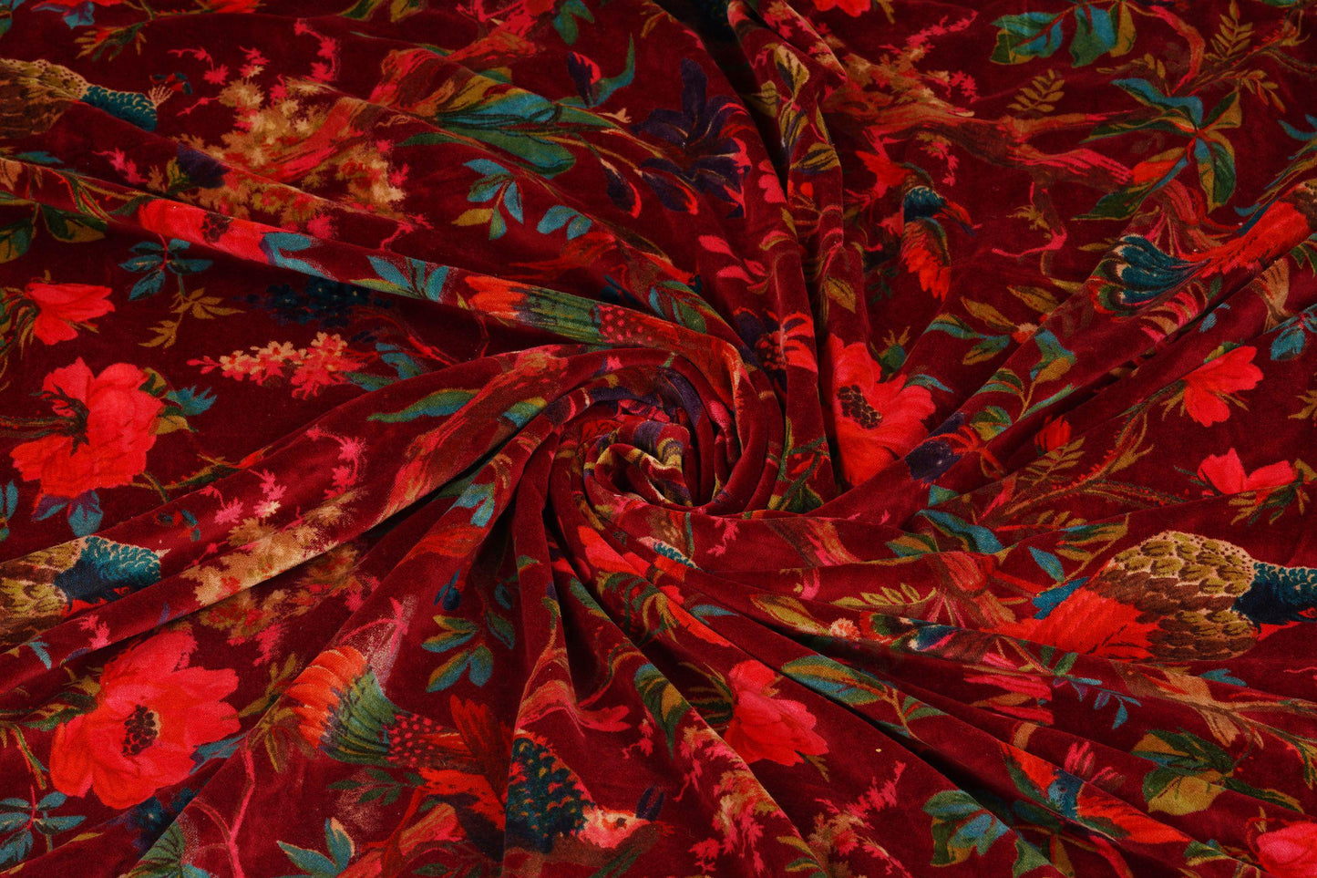 Birds of paradise Maroon cotton velvet upholstery fabric
