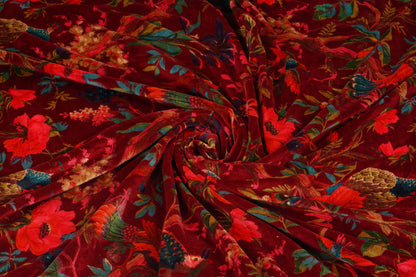 Birds of paradise Maroon cotton velvet upholstery fabric
