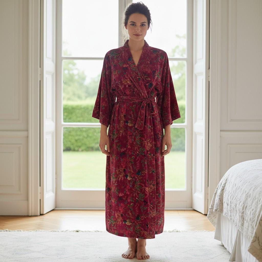 Cotton Velvet Kimono /Robe/Lounge Wear- Birds of Paradise Magenta, ofmd, our flag means death