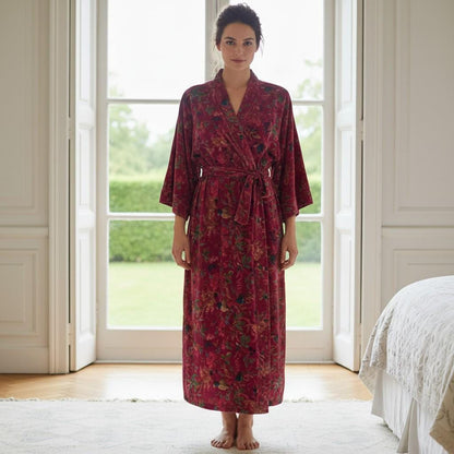 Cotton Velvet Kimono /Robe/Lounge Wear- Birds of Paradise Magenta, ofmd, our flag means death