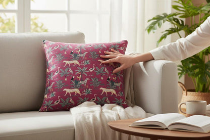 limited time holiday sale Jungle Velvet Cushion Cover- Magenta
