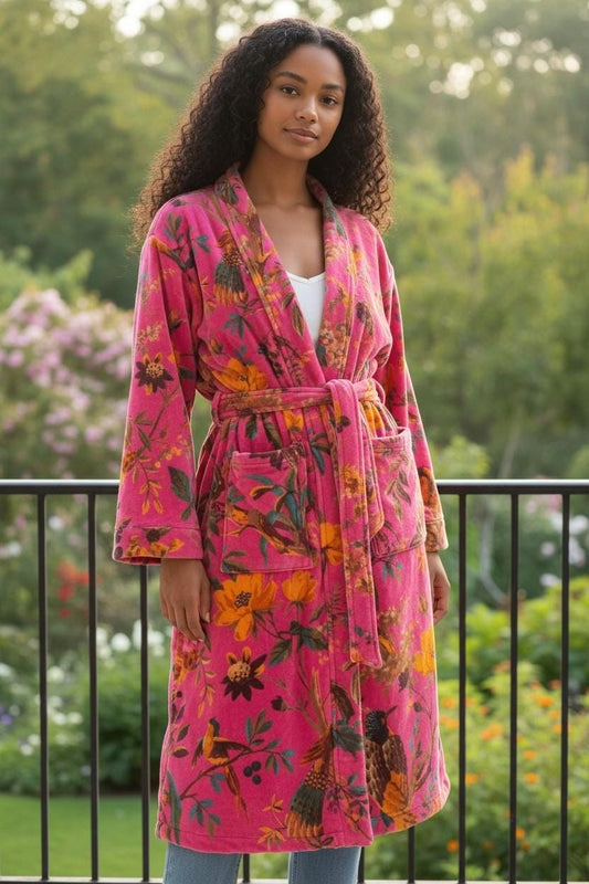 limited time holiday sale Cotton Velvet Kimono /Robe/Lounge Wear- Birds of Paradise Pink with yellow flowers