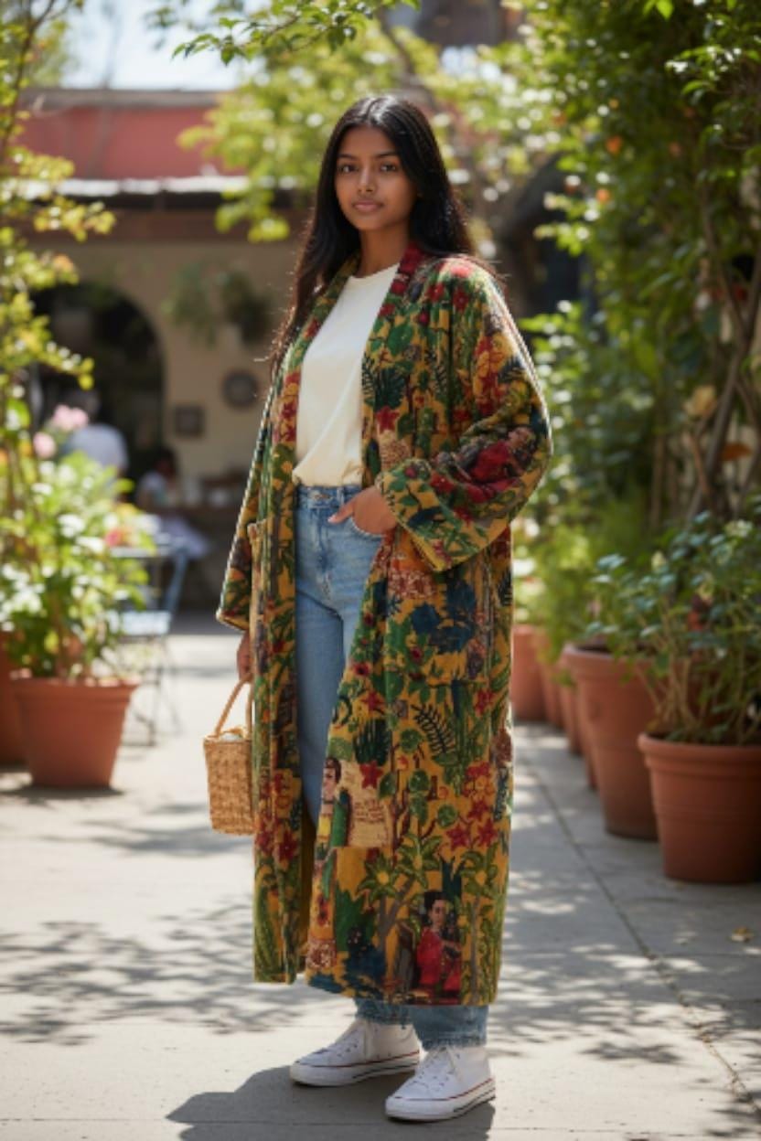 Cotton Velvet Short Kimono /Robe/Lounge Wear- Frida Kahlo Yellow