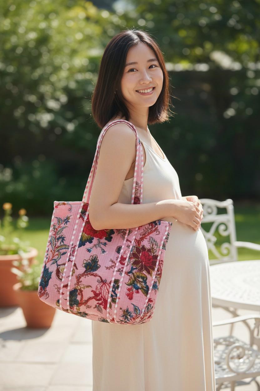 cotton velvet quilted tote bag- Tree of life Pink
