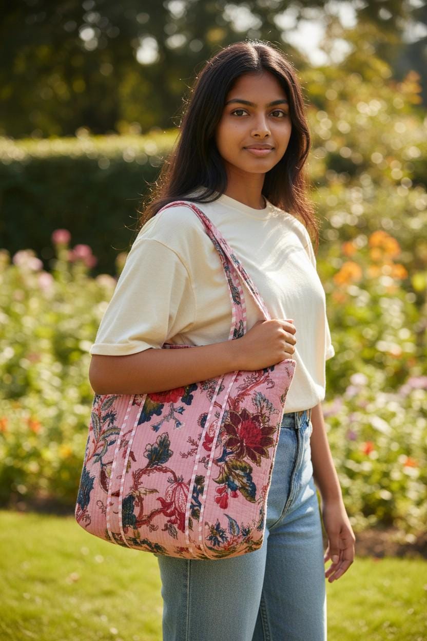 cotton velvet quilted tote bag- Tree of life Pink