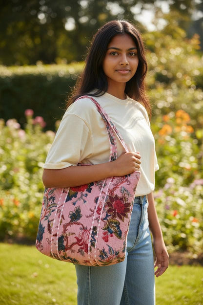 cotton velvet quilted tote bag- Tree of life Pink