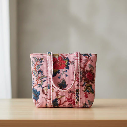 cotton velvet quilted tote bag- Tree of life Pink