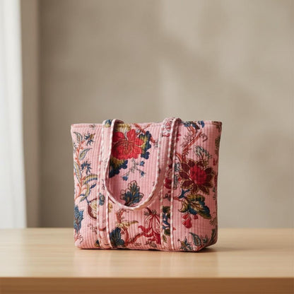 cotton velvet quilted tote bag- Tree of life Pink