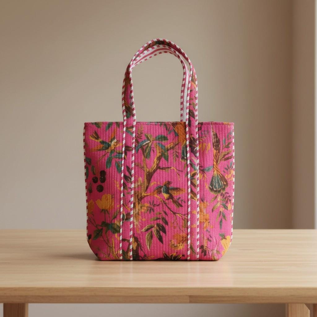 cotton velvet quilted tote bag- Birds of Paradise Pink