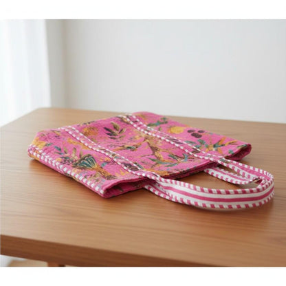 cotton velvet quilted tote bag- Birds of Paradise Pink
