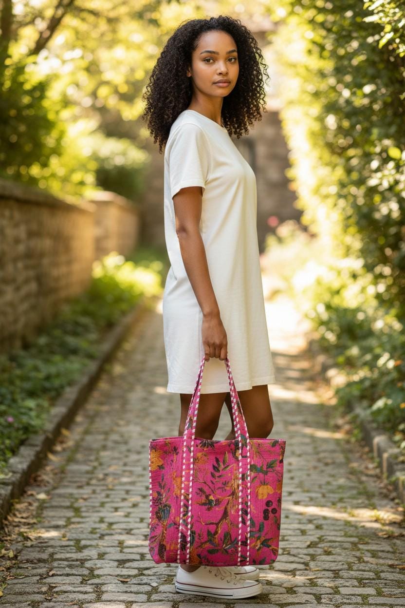 cotton velvet quilted tote bag- Birds of Paradise Pink