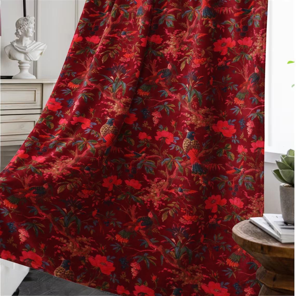 Birds of paradise Maroon cotton velvet upholstery fabric