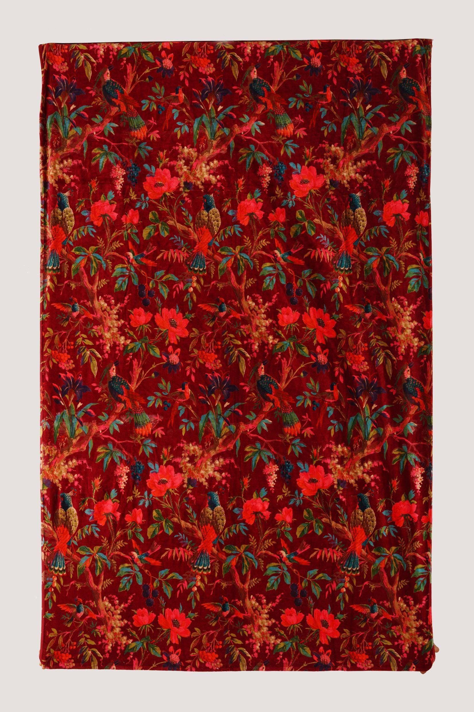 Birds of paradise Maroon cotton velvet upholstery fabric